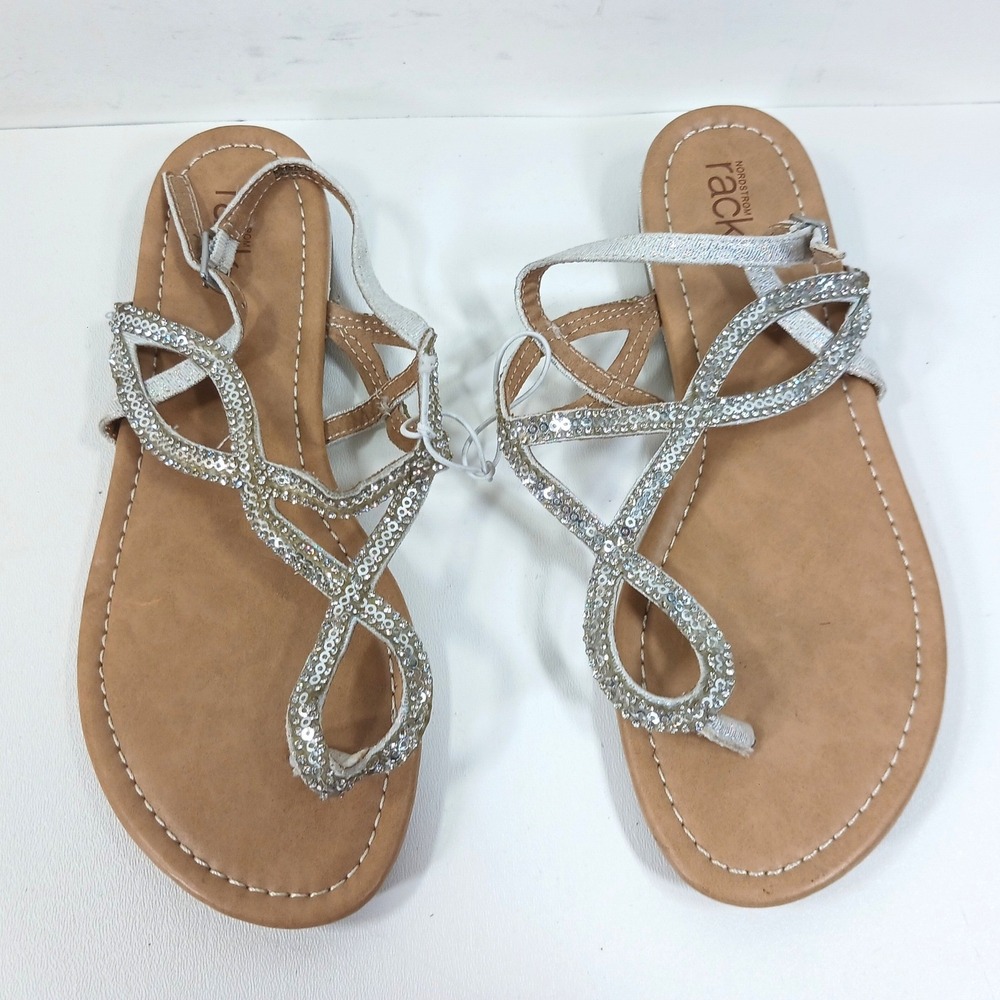 Nordstrom Rack Womens Silver Sequin Glitter Strappy Flat Thong Sandals Size 4